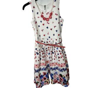 Beautees Girls Floral Skater Dress With Necklace Blue Pink Pleated White Size 14